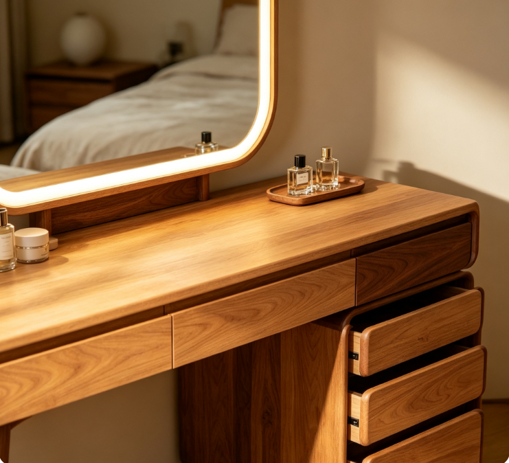 Modern Solid Wood Dressing Vanity Table, LED Light‑Up Mirror, Multi‑Layer Drawer Storage Makeup Desk for Bedroom Decor