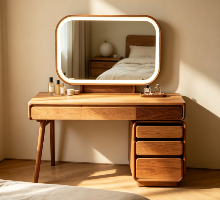 Modern Solid Wood Dressing Vanity Table, LED Light‑Up Mirror, Multi‑Layer Drawer Storage Makeup Desk for Bedroom Decor
