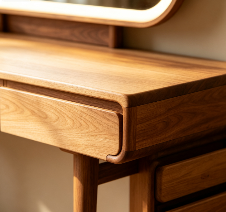 Modern Solid Wood Dressing Vanity Table, LED Light‑Up Mirror, Multi‑Layer Drawer Storage Makeup Desk for Bedroom Decor