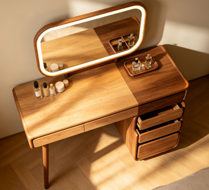 Modern Solid Wood Dressing Vanity Table, LED Light‑Up Mirror, Multi‑Layer Drawer Storage Makeup Desk for Bedroom Decor